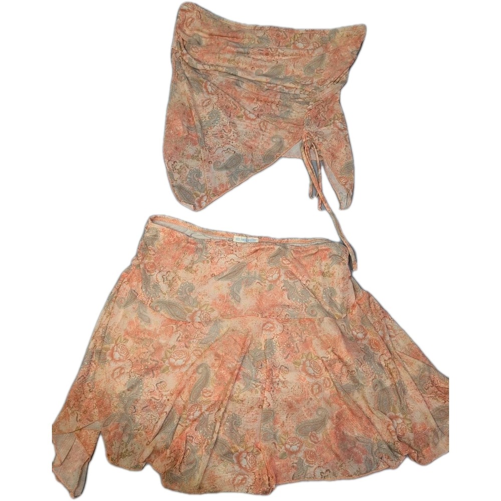 See You Monday Orange Asymmetrical Ruched Paisley Blouse & Skirt Set Size XL NWT